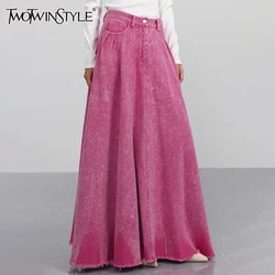 TWOTWINSTYLE Casual Spliced Button Denim Skirt For Women High Waist Patchwork Pocket Chic A Line Skirts Female Fashion Clothes