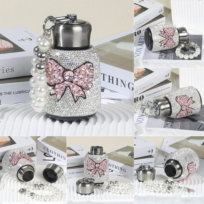 Diamond Studded Bow Insulated Cup,Creative Stainless Steel Water Cup, Outdoor Compact and Portable Car Belly Cup, Luxurious Gift