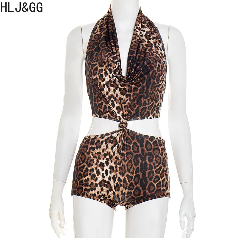 HLJ موضة ليوبارد طباعة الجوف عقدة ضمادة قطعة واحدة ثوب فضفاض للنساء الرسن العميق الخامس أكمام عارية الذراعين سليم بذلة الشارع الشهير #6