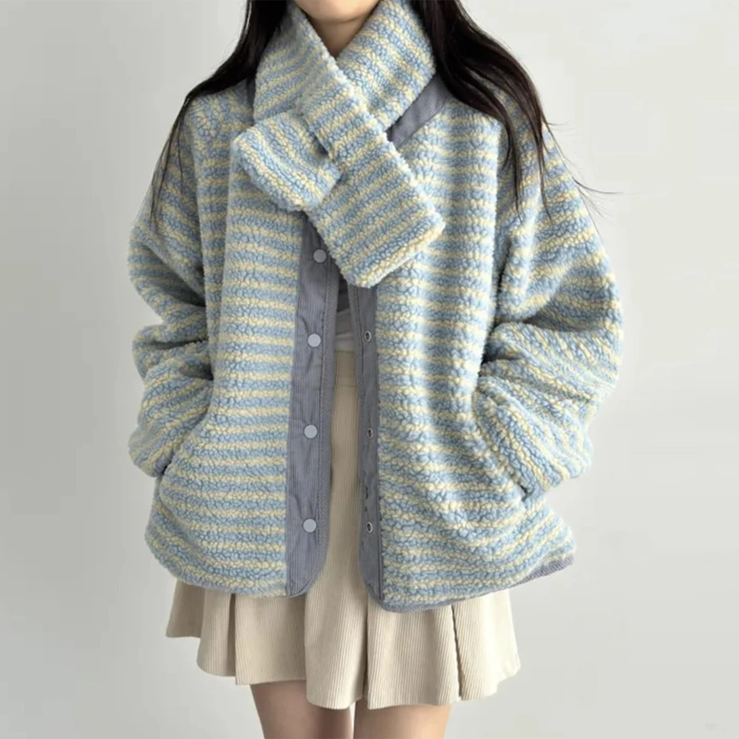 

Double-Sided Wear Fce Stripe ort Cotton Jaet Women's Winter New Sle ket Warm Cotton Coat Lazy Sle Commute Korea...