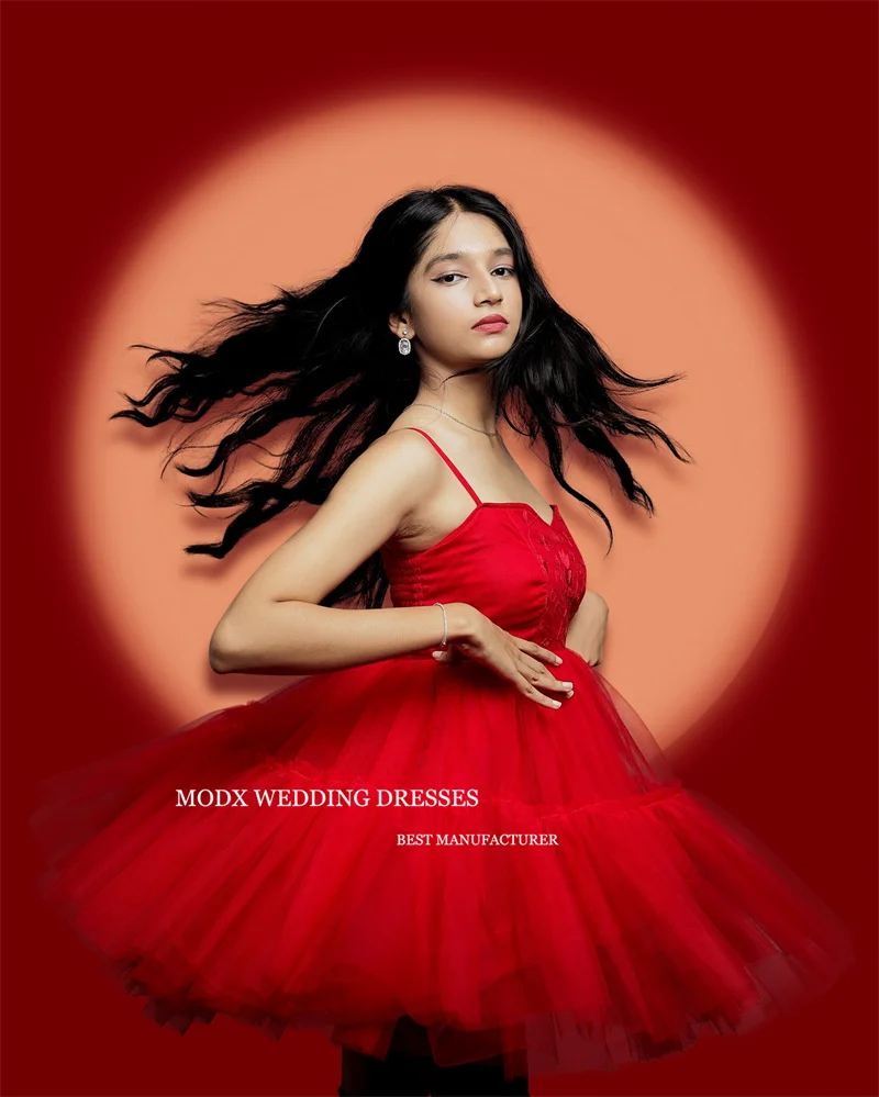 MODX Red Short Prom Party Dress Spaghetti Straps Tulle Birthday Formal Evening Gowns Cocktail Dress Lady Plus Size