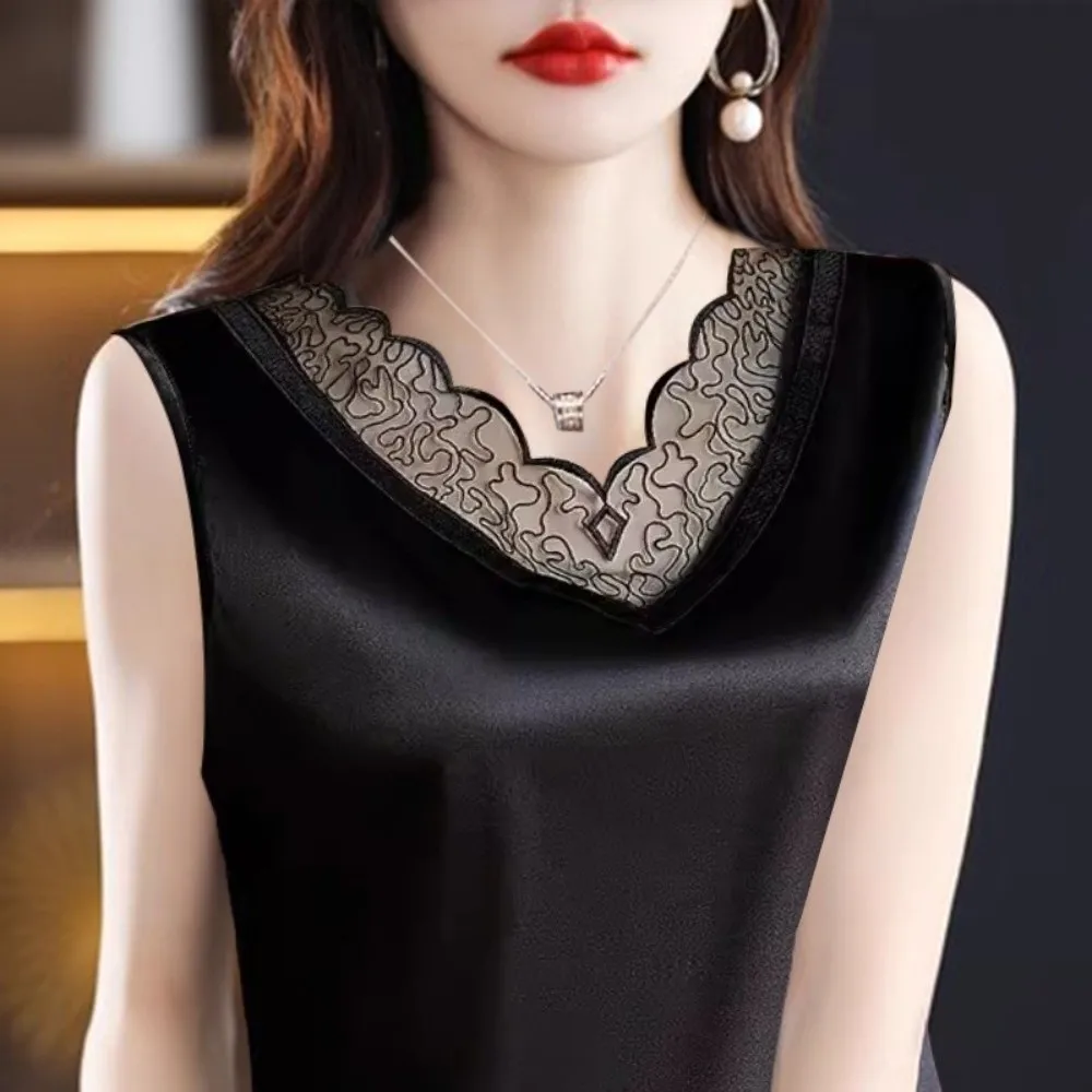 Elegant Women Summer Tanks Lace Collar Border Plus Size Option Lace Camis Vest Inner Wear Base V-Neck Fashion Sleeveless Tops