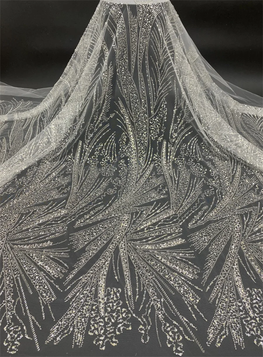 

1Yard Silvery Beading Mesh Fabric DIY Bridal Wedding Gown Africa Lace Fabric 2023