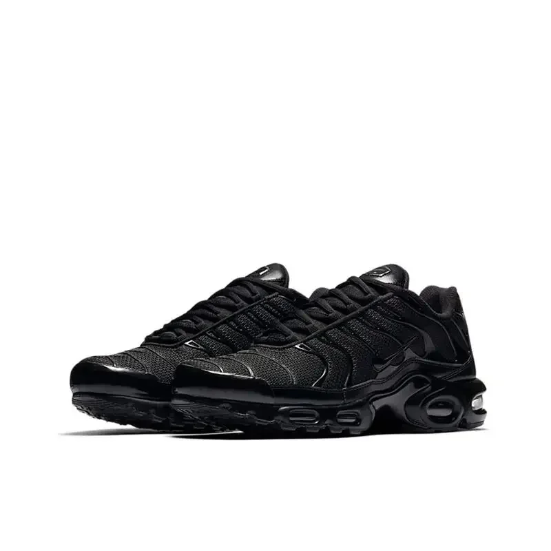 Tênis de corrida Nike Air Max Plus TN masculino e feminino respirável, antiderrapante, almofada de ar durável, tecido amassado triplo preto