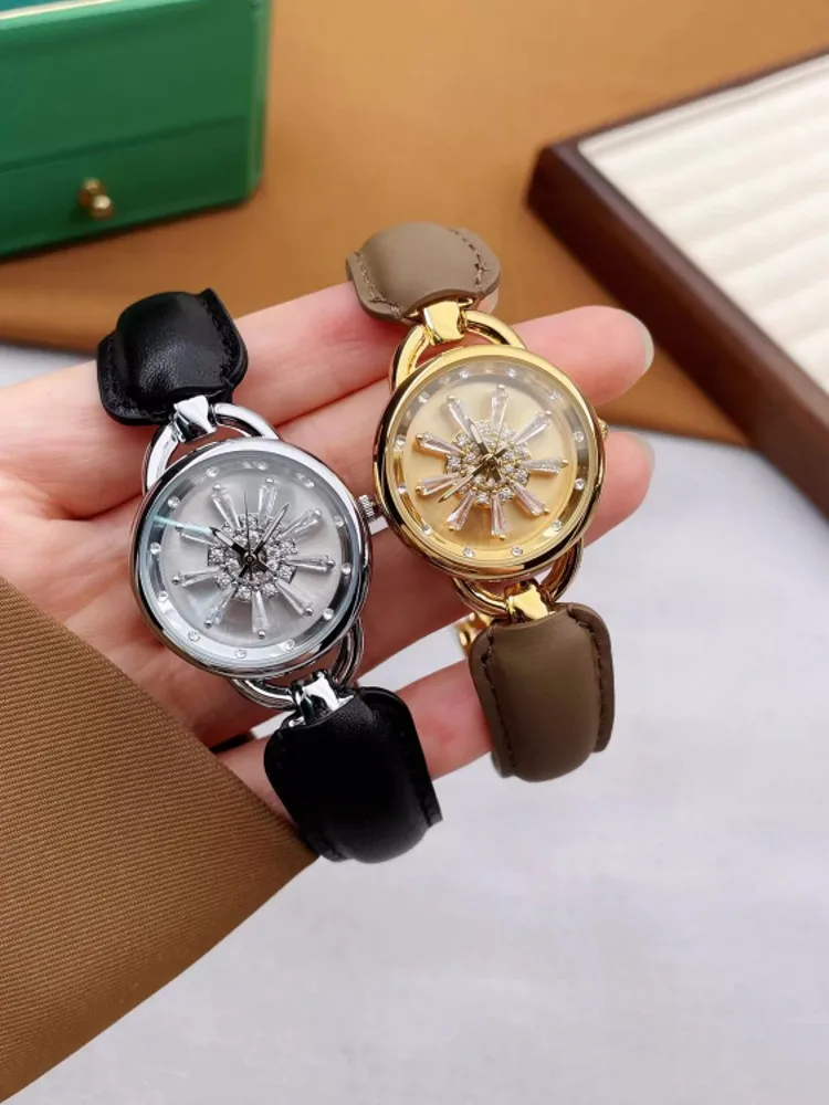 Office Ladies Work Round Shap Snow Rotated Watches Vintage Spliced Chain Quartz Watches Women Fashion Wrist Watch