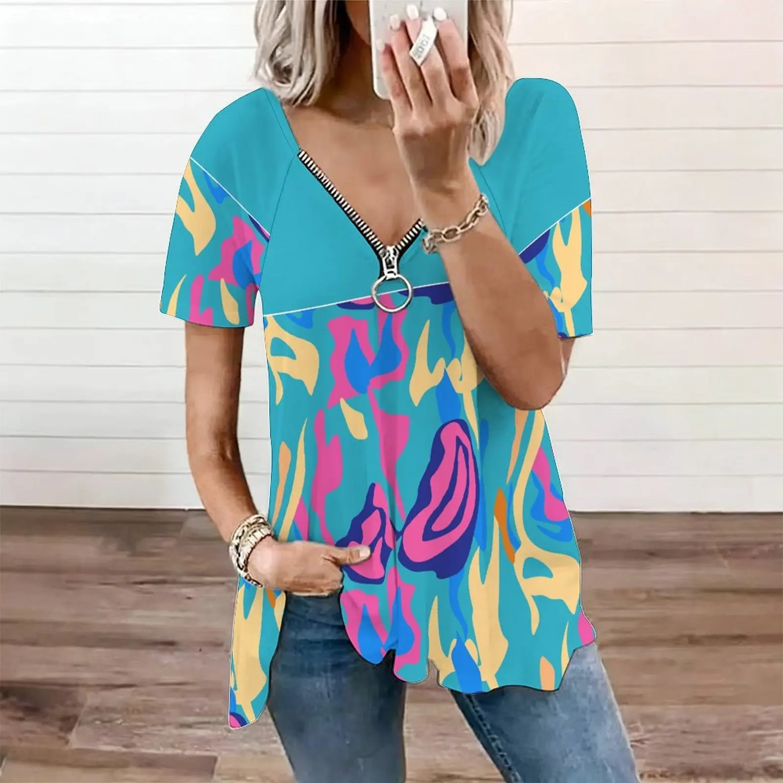 Women Floral Print Zip V Neck Irregular Hem Short Sleeve Casual Tunic Tops