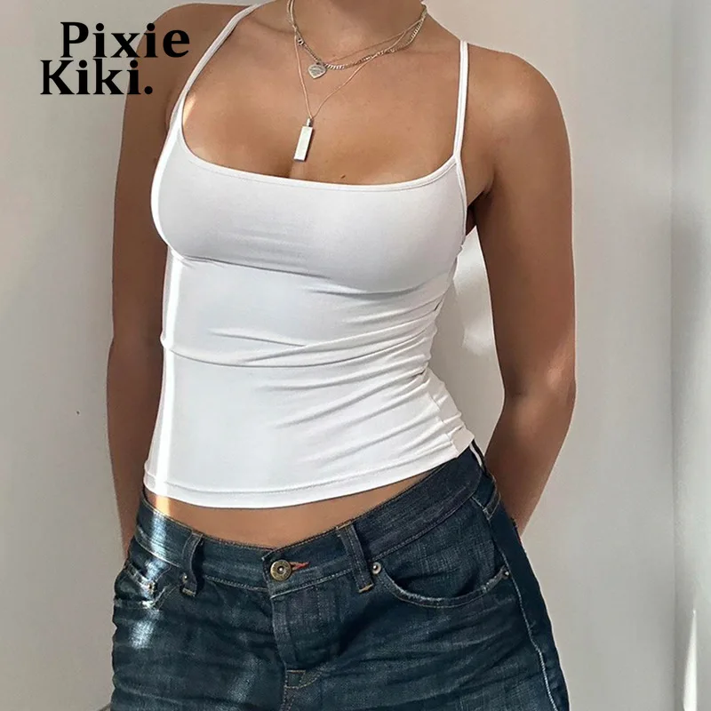 PixieKiki Basic Spaghetti Strap Crop Tops Sexy Tight Tanks & Camis Black White Summer 2024 Womens Clothes P67-AB10