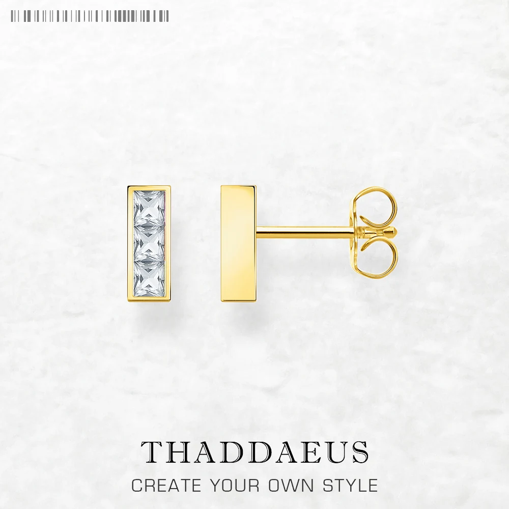 

Gold Plated Ear Stud Earrings Geometric White Stone Europe Style Fine Jewerly For Women Trendy Gift In Real 925 Sterling Silver