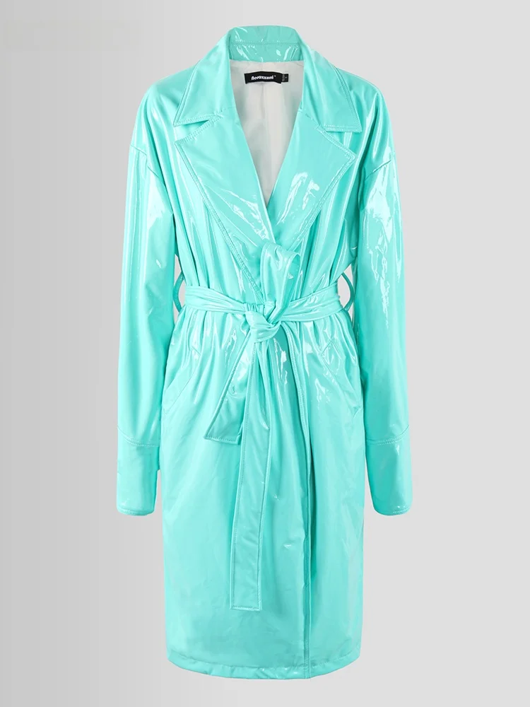 Nerazzurri Women's Oversize Long PU Leather Jaet High Gloss Painted Leather Street Sle Faion Autumn Winter Coat