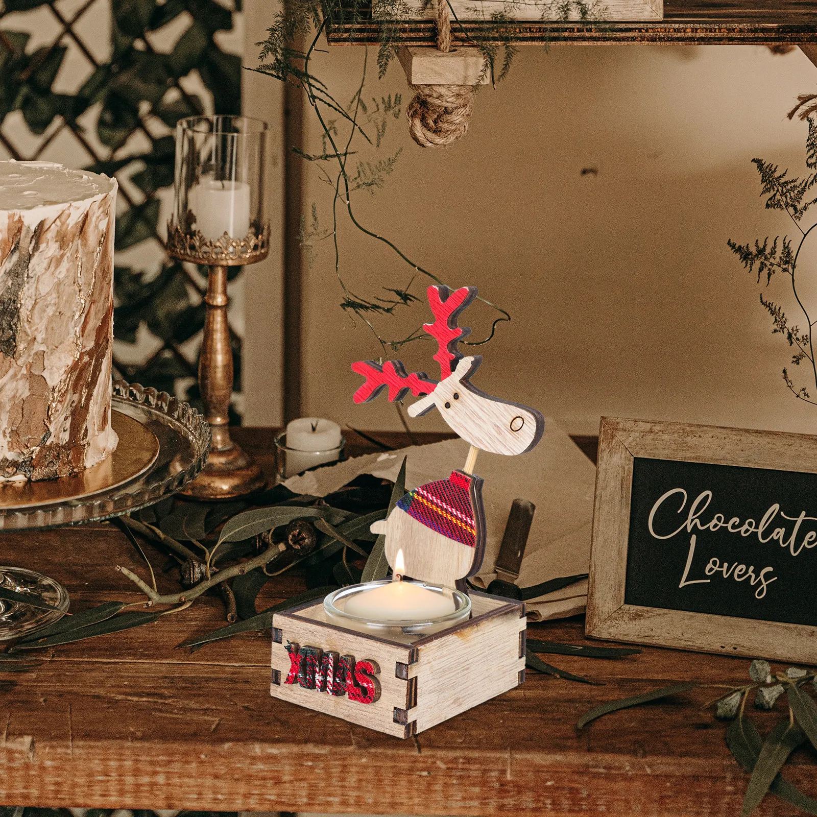 2Pcs Wooden Christmas Candleholder Set Deer Theme Xmas Decor Desktop Stand Romantic Home Bar Restaurant Decoration