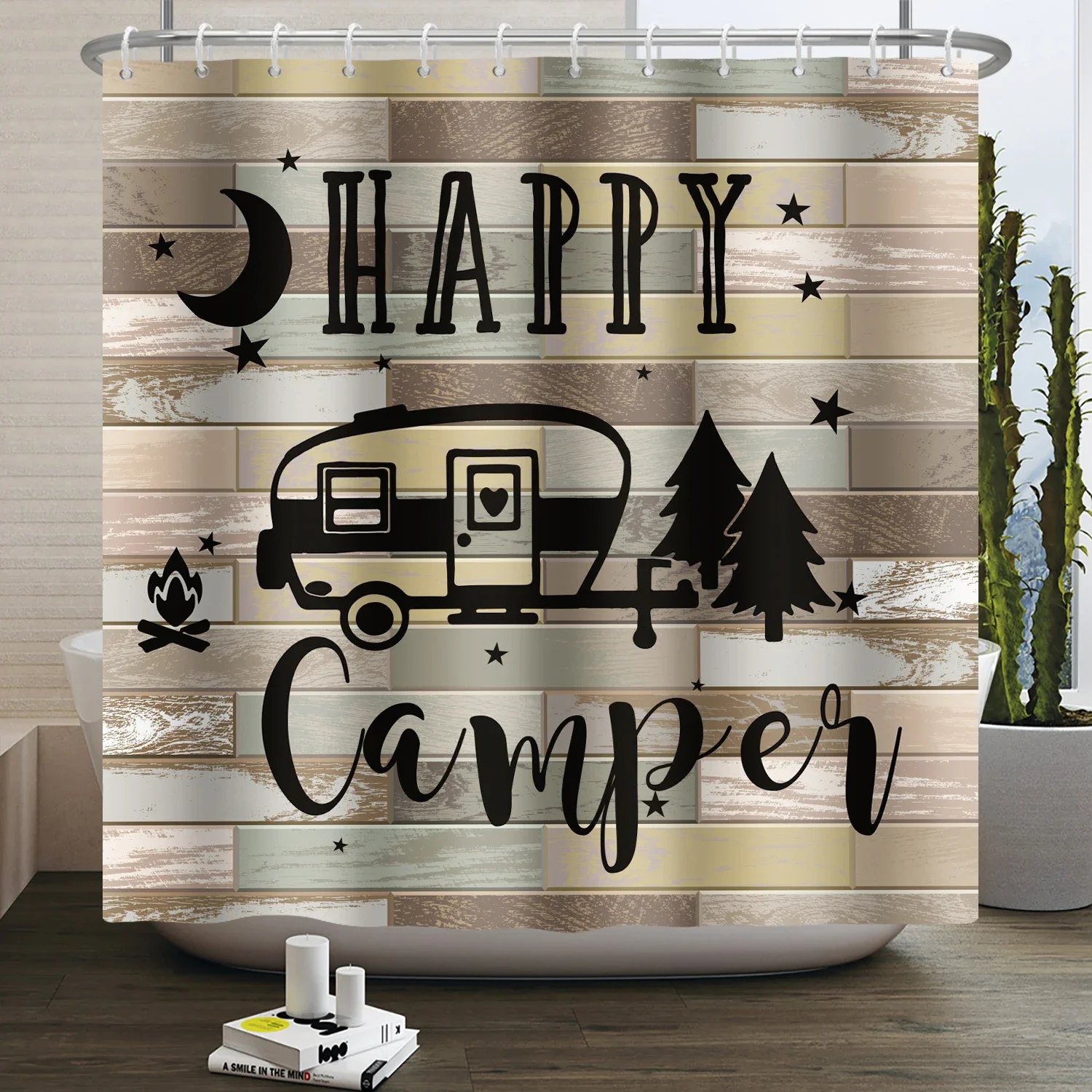 Camper Shower Curtain Happy Camper Trailer Car Rv Forest Mountain Tent Camping Bathroom Shower Curtain Waterproof Bath Curtain