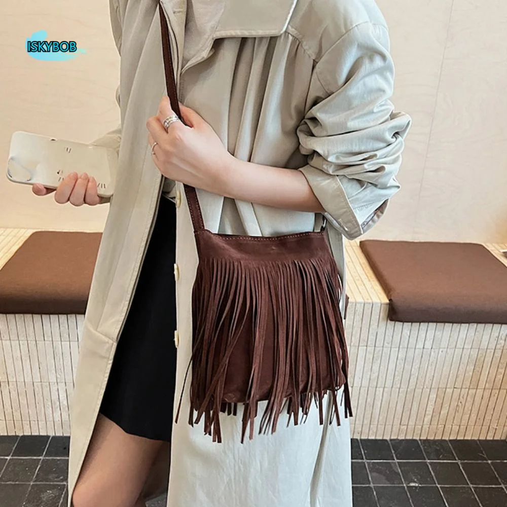 

Korean Style Fringe Suede Messenger Bag PU Leather Solid Color Tassel Shoulder Bag Ethnic Style Large Capacity Crossbody Bag