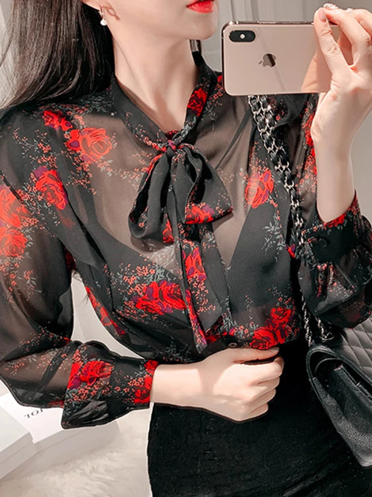 

Sexy Elegant Women Shirt Casual Ruffle Sheer Floral Print Bow Collar Single Breasted Long Sleeve Thin Blouse Female Lady Tops