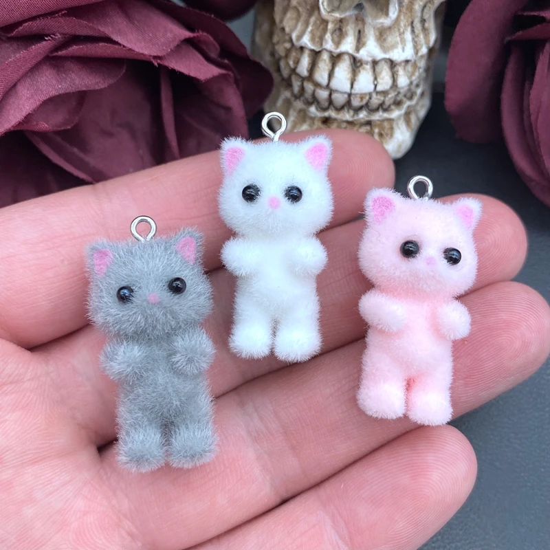 

2pcs 35*17mm 3D Cute Fluffy Flocking Cat Animal Charms Miniature Dolls Keychain Necklace Pendant DIY Crafts Jewelry Make