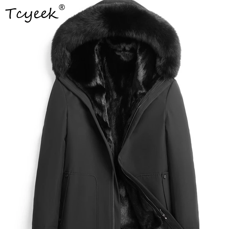 

Tcyeek Мужское норковое пальто с натуральным мехом Цельный длинный капюшон с воротником из лисьего меха Haining Fur Толстая зимняя одежда Мотоциклетная униформа