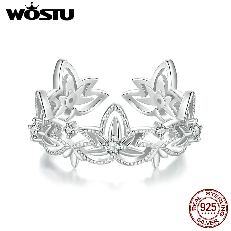 WOSTU 925 Sterling Silver Lotus flower Opening Ring For Women Shiny Zircon Stackable Rings Girl Party Gift BSR602