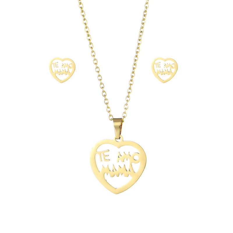 NEW Stainless Steel Gold Color MAMA Letter Necklace Earrings Set Love Heart Mom Daughter Figure Jewelry Set Mother's Day Gift