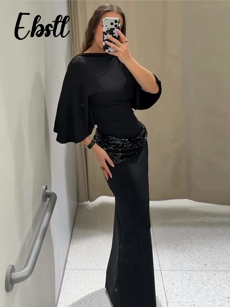 Sexy Pailletten Splitsen Backless Jurken Vrouwen Elegante Korte Mouw O-hals Linten Lange Gewaden 2026 Lente Nieuwe Dames Chic Jurk