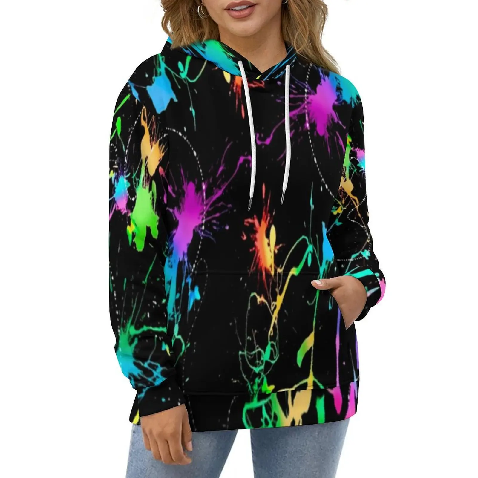 Colorful Neon Pain Hoodies Splatter Pattern Hip Hop Oversized Hoodie Women Long Sleeve Kawaii Custom Casual Sweatshirts