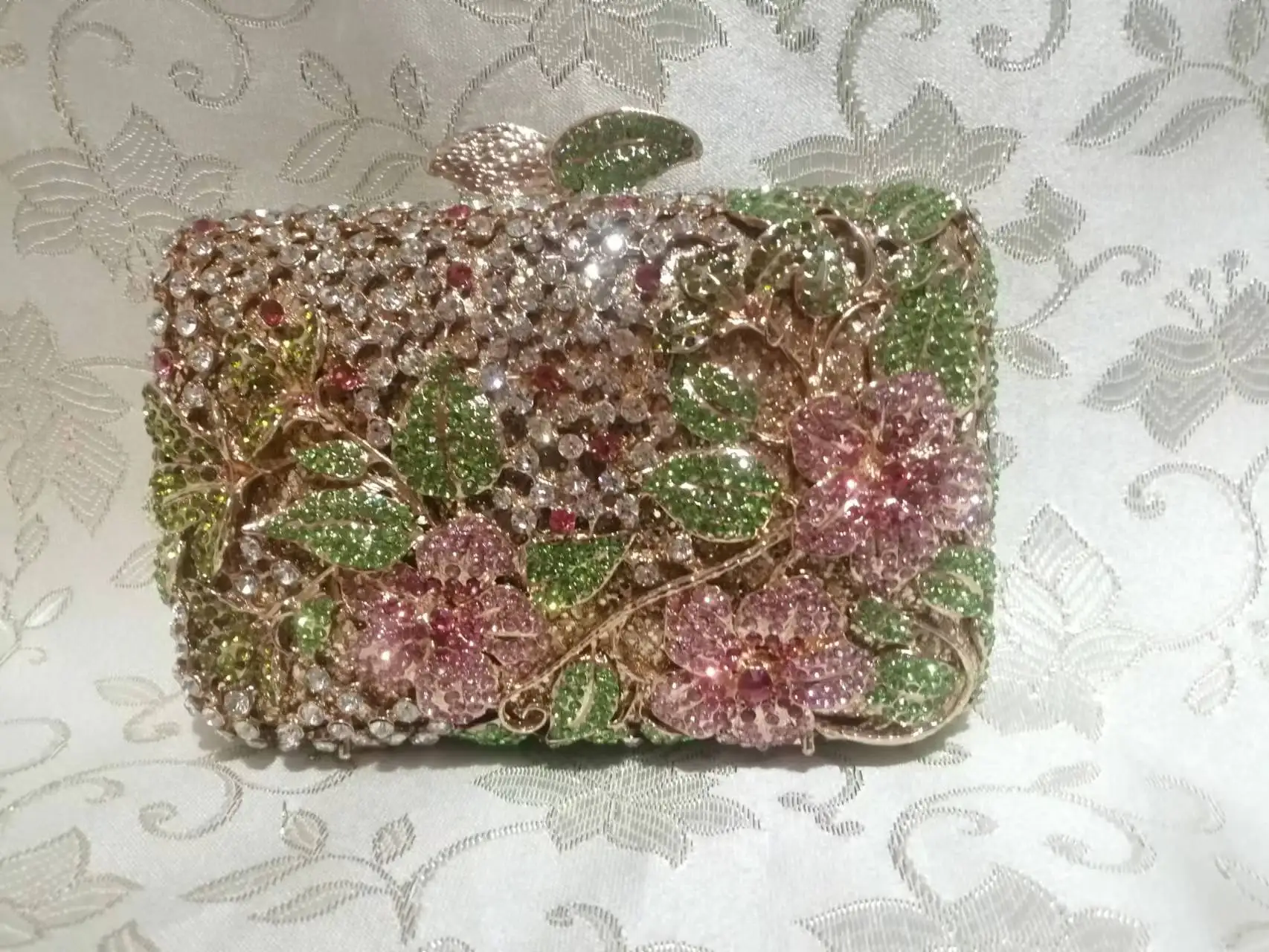 Pochette Da Sera In Metallo Con Fiori E Strass – Borsa A Tracolla Con Catene Staccabili Per Matrimoni E Feste - 2