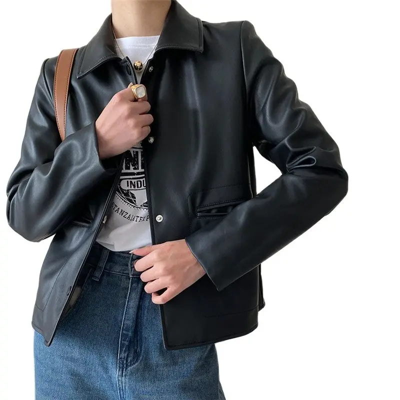 

Short Faux Leather Coat Female PU Clothes 2023 Spring New Fashion Long Sleeve Motorcycle Jacket Women Straight Outerwear G2531