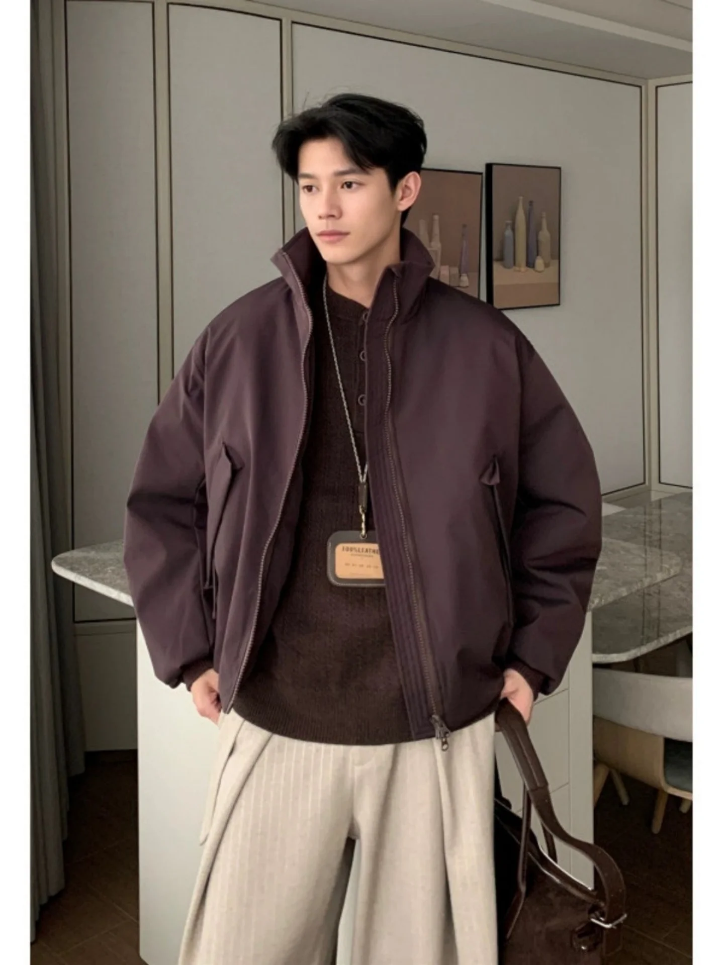 

Purple Flight Jaet down Cotton Coat Men's ort American Cleanfit Stand Collar Winter Thiened Cotton Trendy Zipper Casual