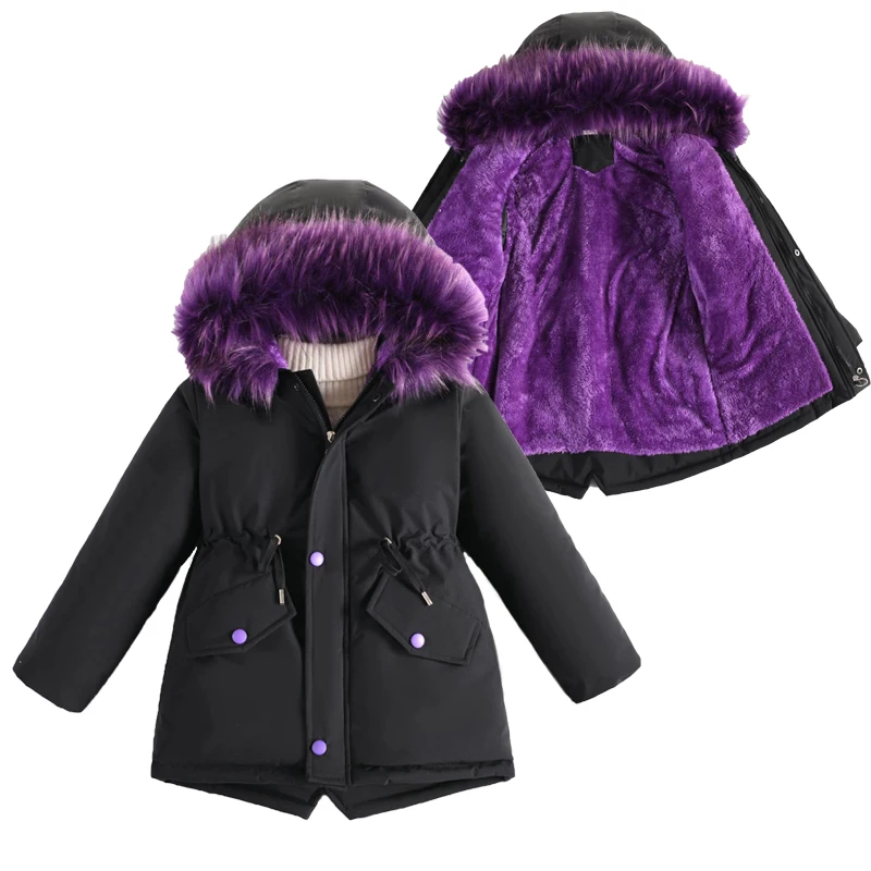 

New Big Size Teen-agers Winter Girls Jacket Fur Collar Lining With Velvet Hooded Thick Coat For Kids Children Birthday Present