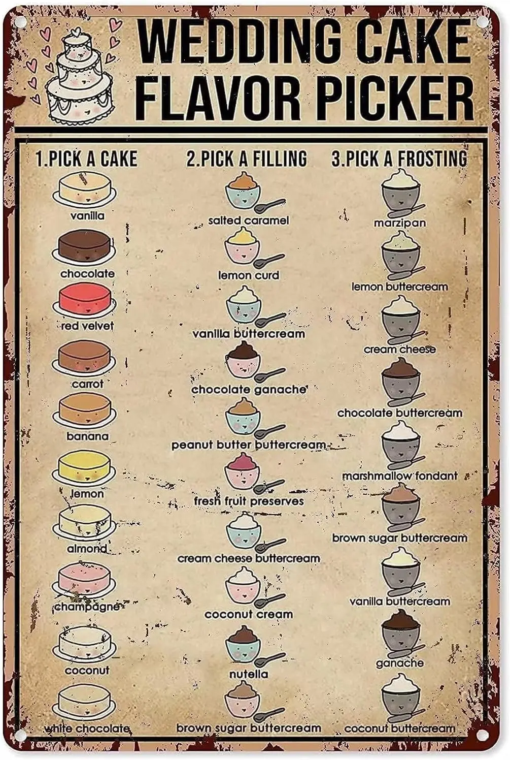 Old Tin Plaque Vintage Wedding Cake Flavor Picker Knowledge Metal Tin Signage Vanilla Buttercream Bar Man Cave Living Room  sign