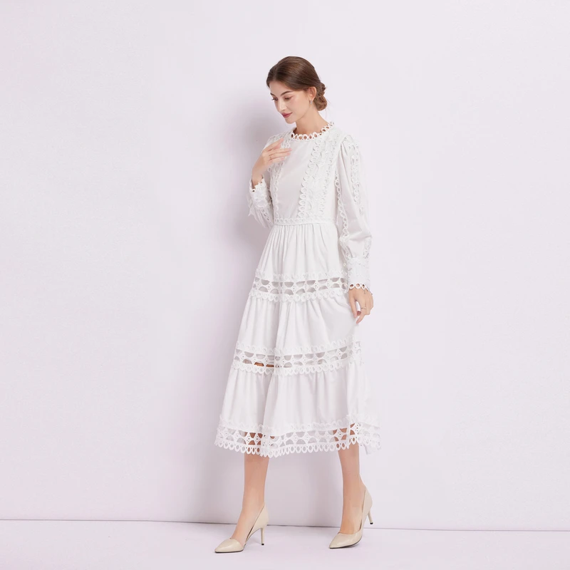 Women Elegant Long Sleeve Hollow Out Lace Patchwork Dress