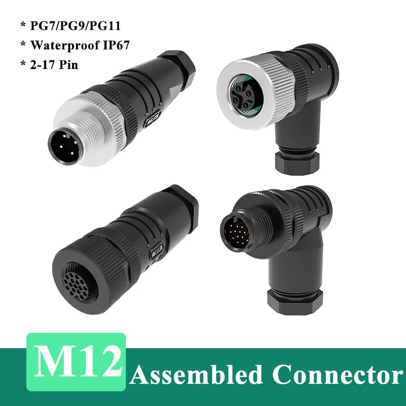 

Waterproof M12 4 5 8 12 17 Pin A-Code Aviation Plug IP67 PG7/9/11 Connector Assembly Screw Pressure Line Joint Male Female Plugs