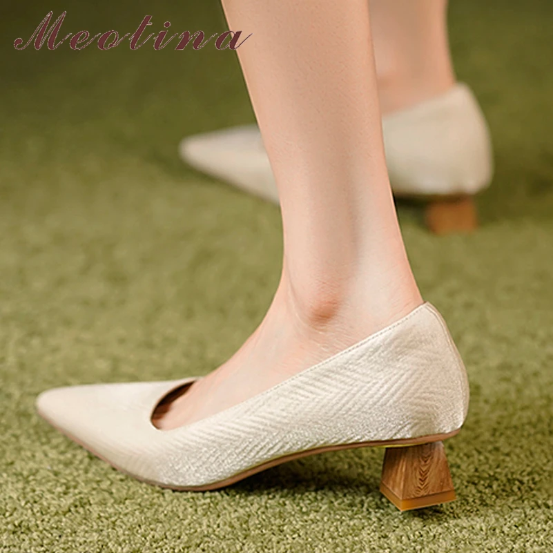 

Meotina Women Pointed Toe Mid Heels Shallow Fashion Strange Style Pumps Ladies Wedding Spring Autumn Shoes White 40