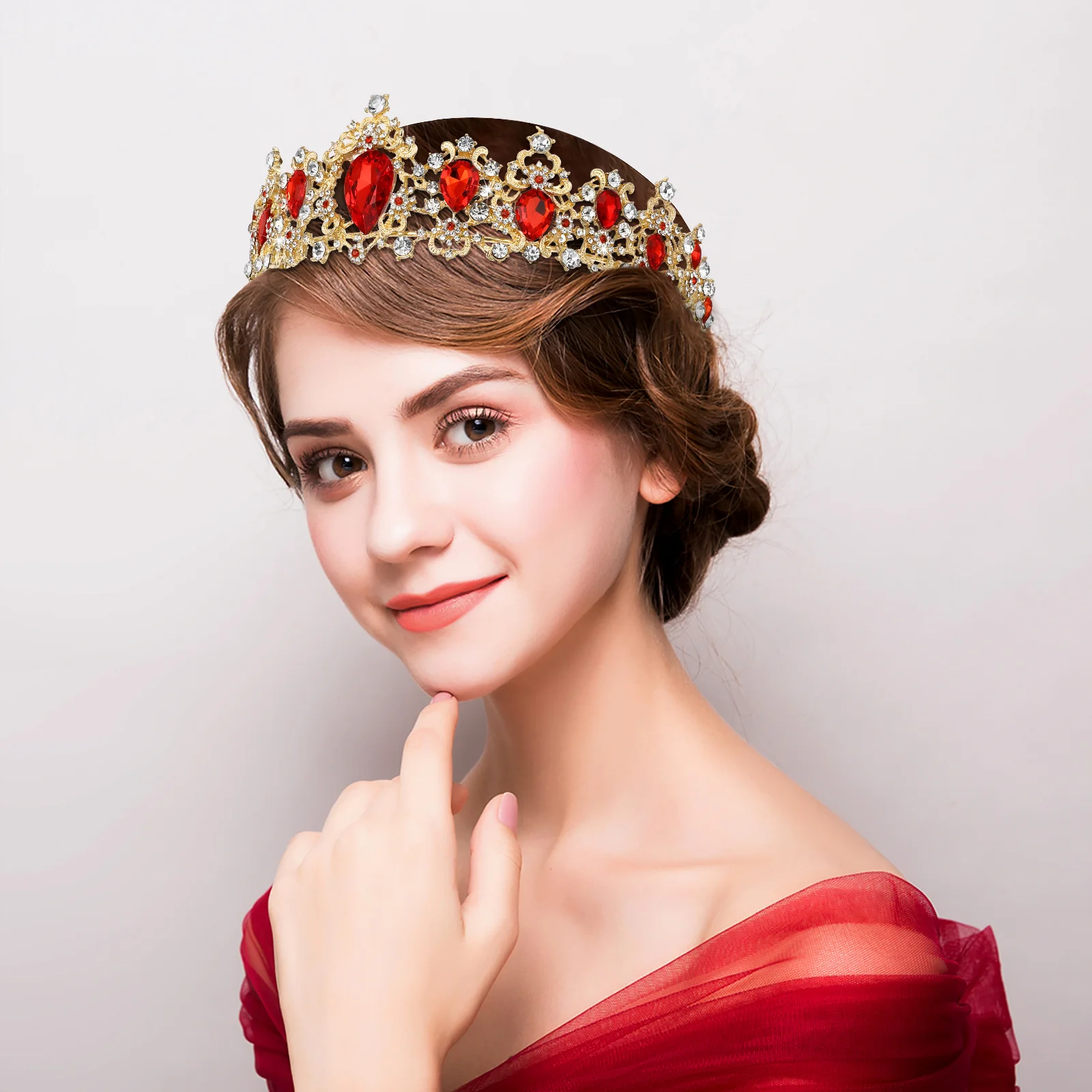 

Royal Crystal Tiara Crown Red Elegant Bridal Wedding Headpiece Lightweight Durable Engagement Party Women Tiara