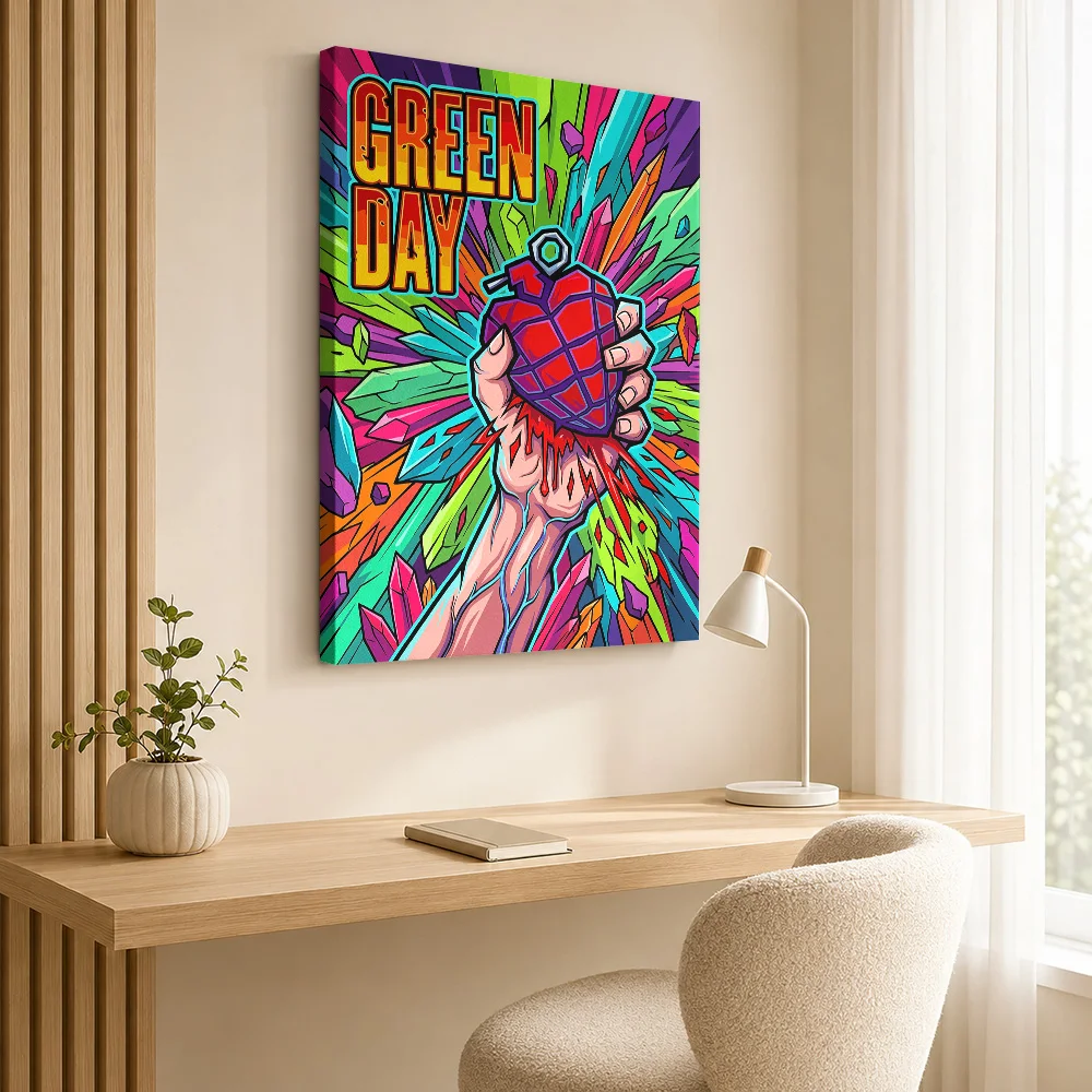 Green Day 21st Century Breakdown Framed Canvas Print Customized Photo Geometric Color Blocking Wall Art For Recording Studio