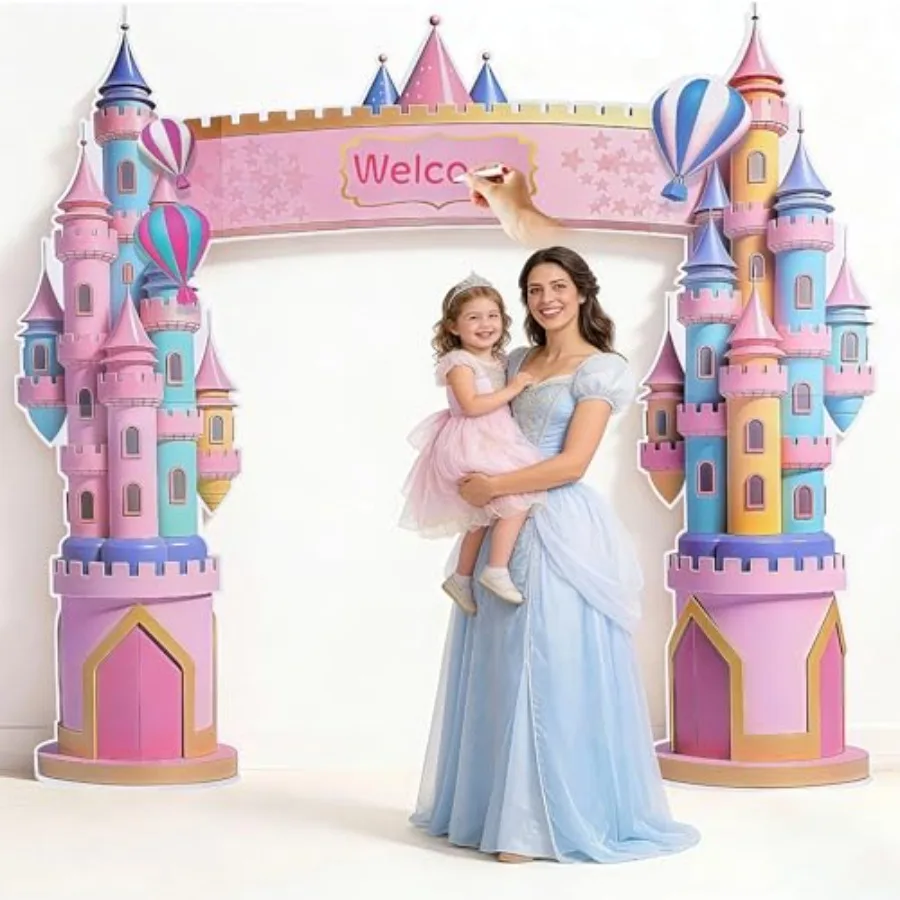 

7 Ft x 7.5 Ft Extra Large Cardboard Castle Playhouse for Girls' Birthday Parties Pink, Royal Cutout Design, Durable Corrugated