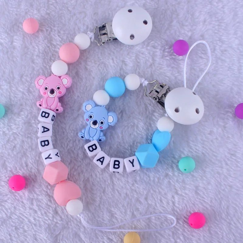 Free Personalized Name Baby Pacifier Chains Anti-Drop Silicone Koala Infant Pacifier Clips Holder Teething Toy Newborn Chew Gift