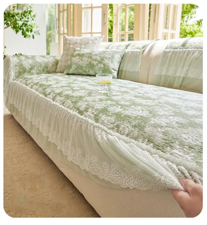 Sommerlicher, hautfreundlicher Sofabezug aus Eisseide mit Spitzenbesatz – Kühlender, atmungsaktiver Strick-Sofa-Sitzbezug – Detail 5
