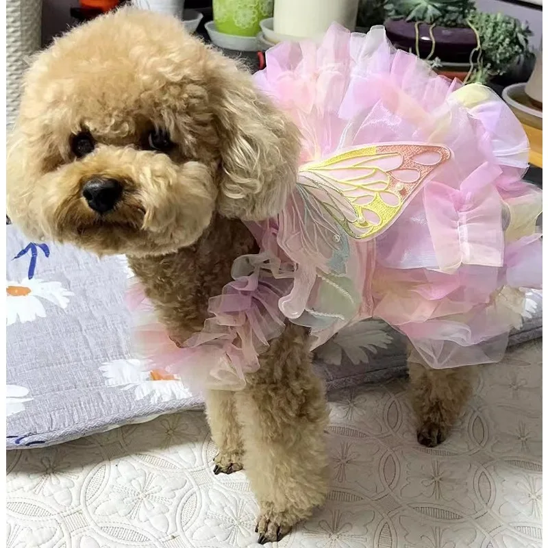 

Butterfly Fairy Dog Princess Dress with Wings, Lace Tutu Wedding Pet Skirt, Cute Summer Outfit for Small Dogs Corgi Teddy