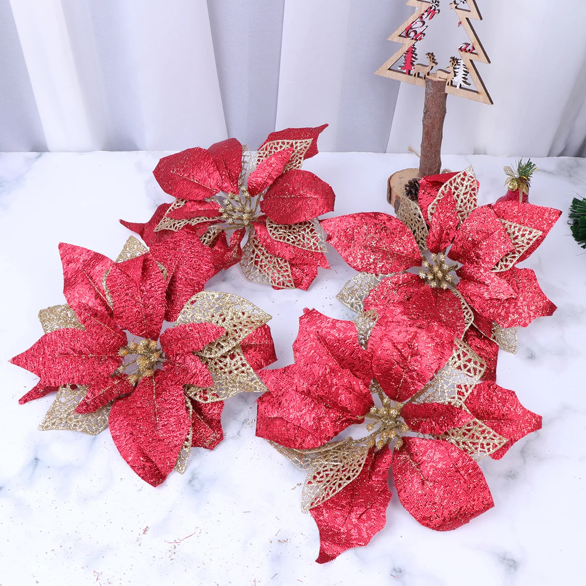 

4 Pcs Simulated Christmas Flowers Ornaments Fake Toppers Rose Garland Artificial Decorations Craft Handmade Halloween