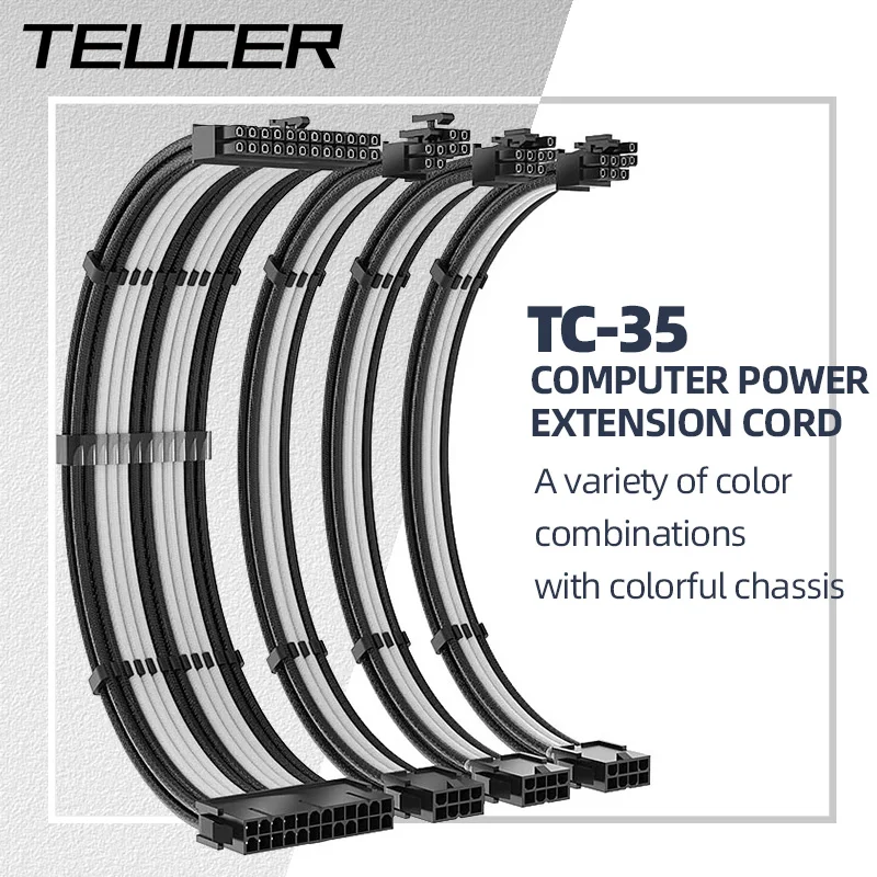 TEUCER-PSU Kit de cabo de extensão, 18AWG, ATX, 24Pin, PCI-E, CPU 6 + 2Pin, 4 + 4Pin, 350mm