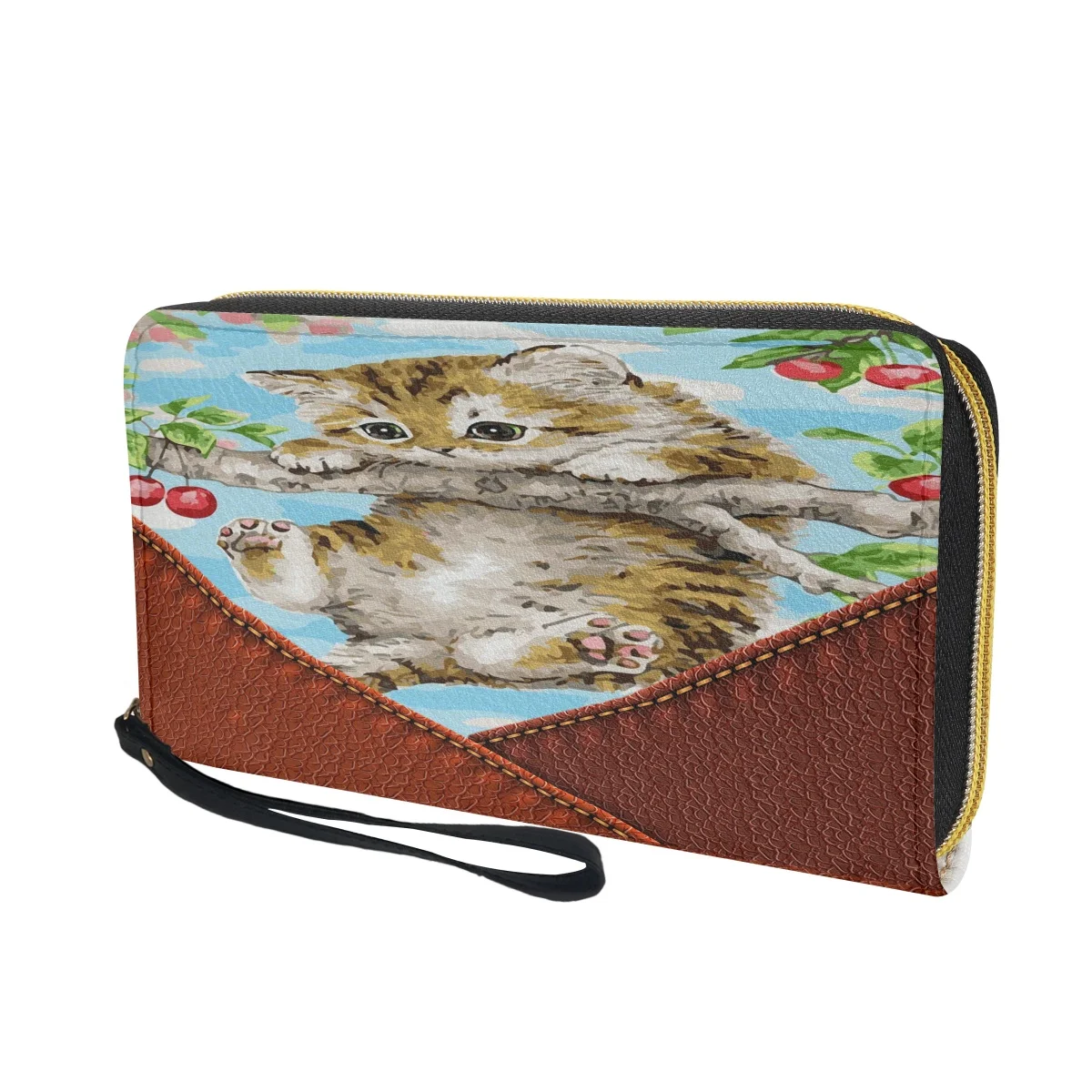 Bolso de mano de cuero con diseño de gato y pintura al óleo Vintage, Monedero pequeño portátil de alta calidad, billetera larga con cremallera para niñas, Monedero para Mujer