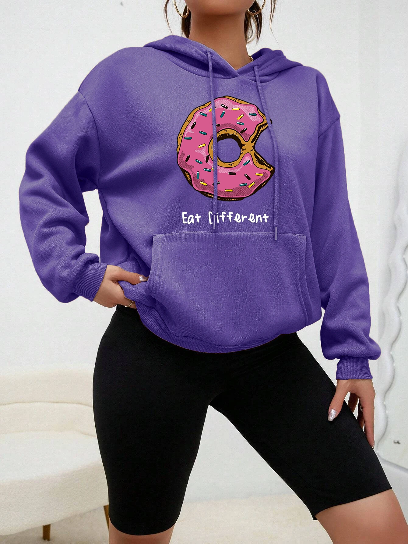 Eat Different Cartoon Donuts Printing Hoody Women Hip Hop Style Hoodie Fleece Warm Sweatshirt Autumn Comfortable Clothing