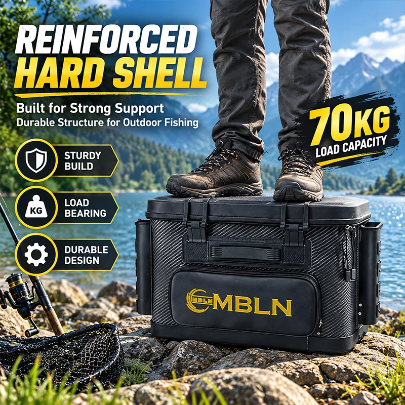 MBLN Angelkoffer mit Reinigungstuch – 70 kg schwerer Hartschalenkoffer, Eimer für lebende Fische, Rutenhalter und Schultergurt. – Detail 4