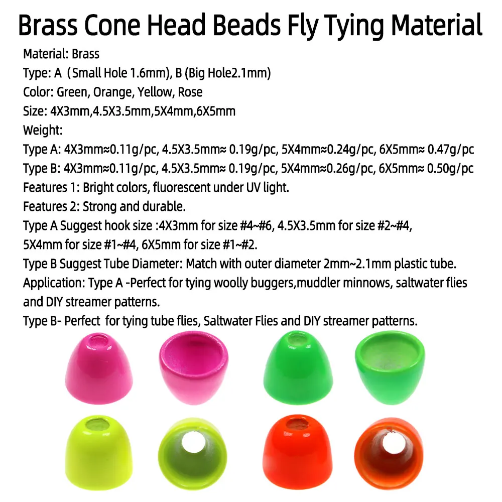 10pcs Fluorecent Brass Cone Head Beads Fly Tying Material For Woolly Buggers Minnows Streamers Tube Fly Trout Fishing Lures