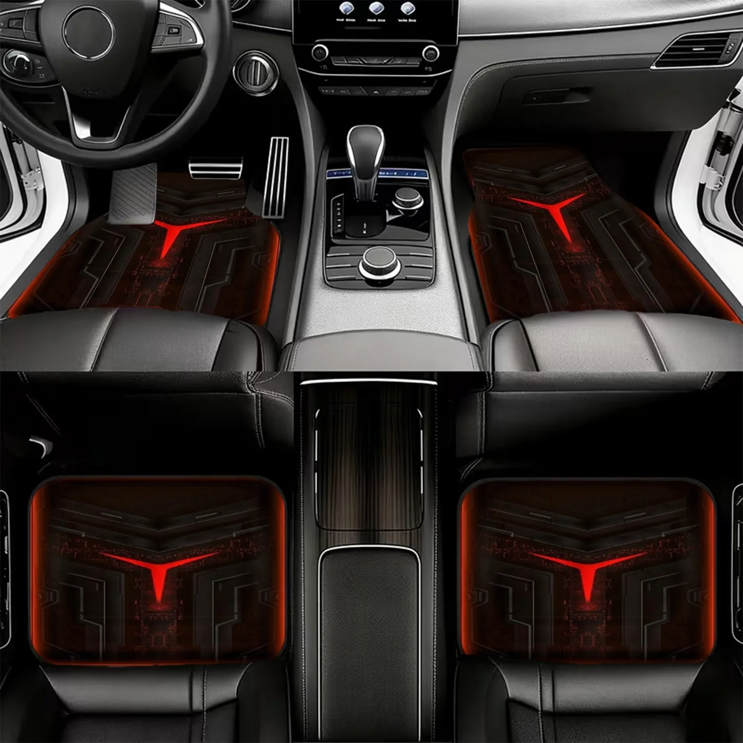 4pcs Car Floor Mats, Futuristic Red V - Design, Material, Sleek Modern Aesthetic, Sci - Fi Gaming Theme, High - Tech Cybernetic