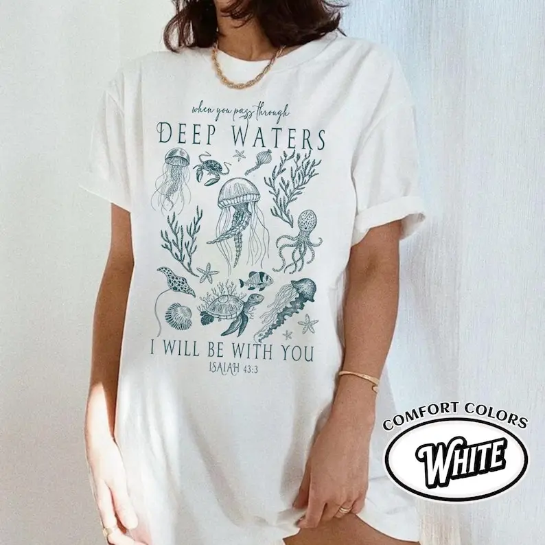 Camisa cristiana de animales del océano, camiseta de la vida costera del mar, camiseta de las escritura playera de moda, camisa del versículo de la Biblia de Jesús, regalo de fe