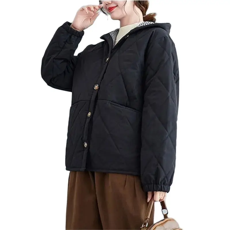 

Winter Short Cotton Jacket Women 2023 New Loose Hooded Coat Single-Breasted Outerwear Pure Colour Thicken Overcoat Female 4XL