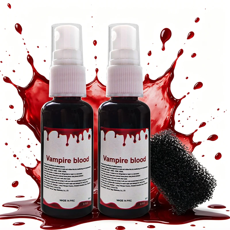 Halloween Vampire Fake Blood Spray with Stippling Sponge, Washable Realistic SFX Stage Blood for Zombie Vampire Cosplay Wound