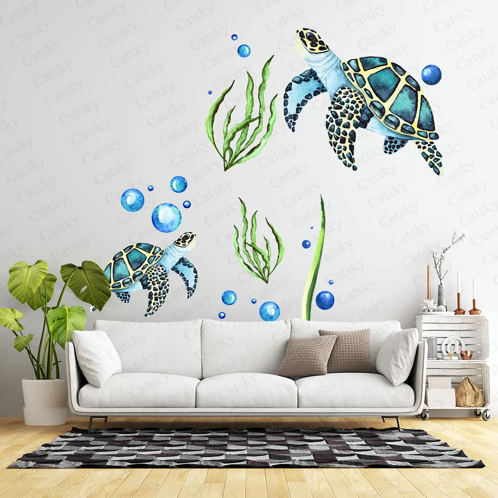 Animal Turtle Underwater World Wallpaper,Cute Children's Room Decorative Wallpaper,Family Watercolor Peel and Stick Sticker Gift