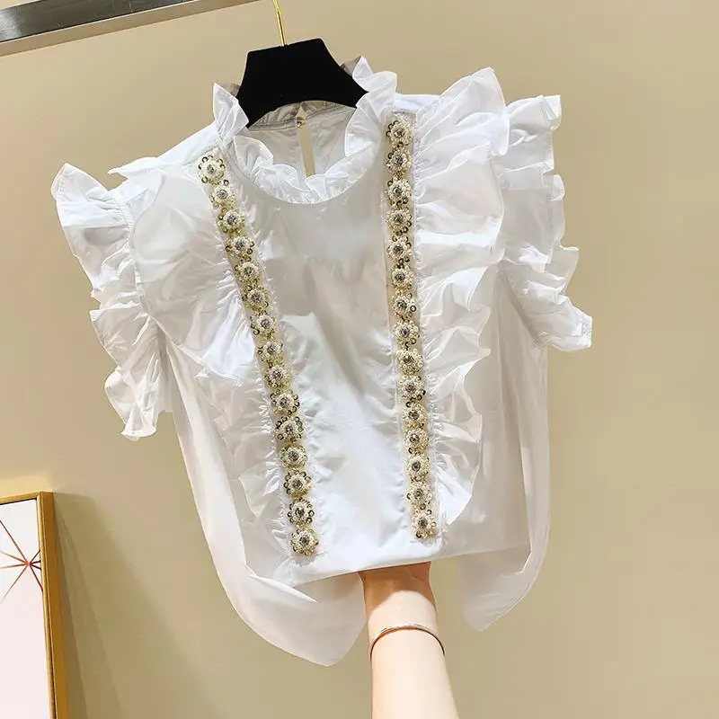 Neploe Ruffled Ribbed Beaded Diamond Ear Standing Collar Sleeveless Shirt 2024 Summer Loose Slim Niche Blusa Femme Sweet Blouses