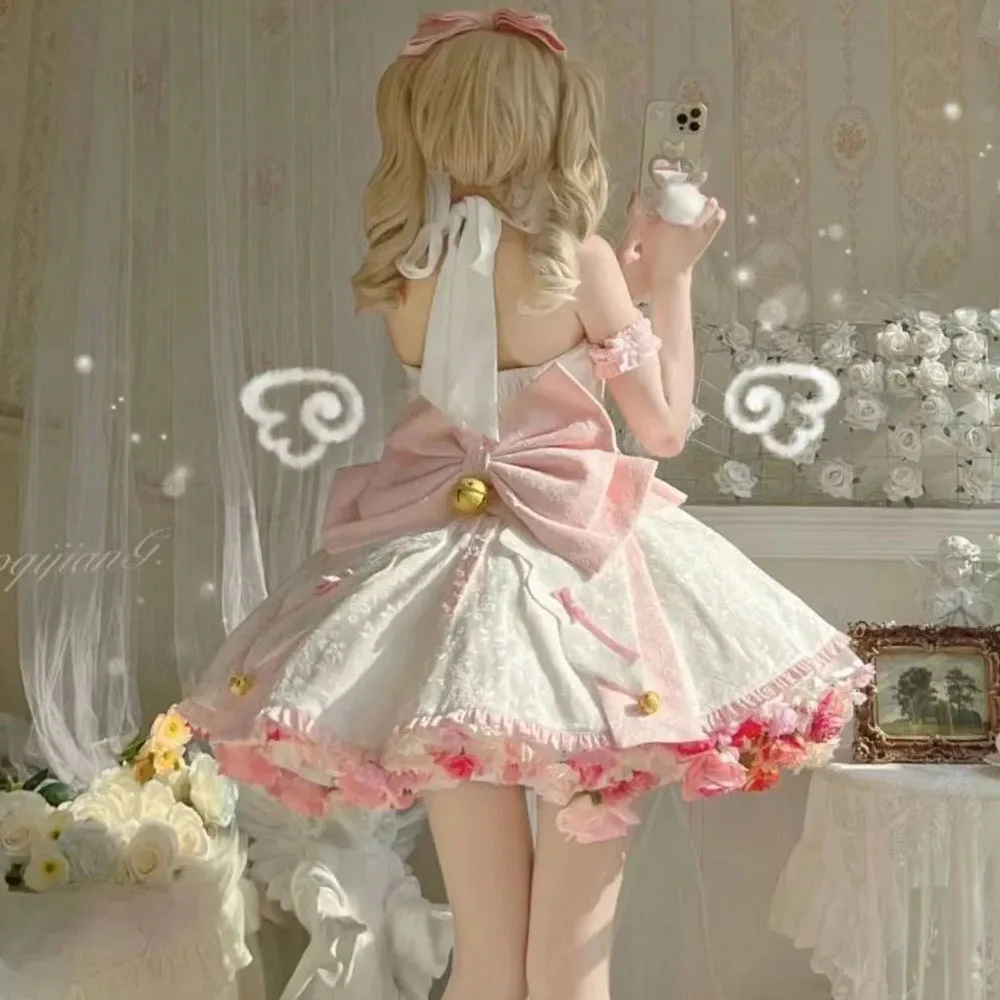 Vestido colgante de cuello de Jacquard Lolita con volantes para niña, lindo vestido de princesa de hadas súper dulce JSK, Cosplay de sirvienta Sissy, Kawaii